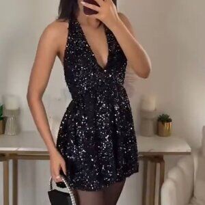 Zara Sequin Balloon Halter Mini Dress NWT Black Silver Size Medium Blogger Fav